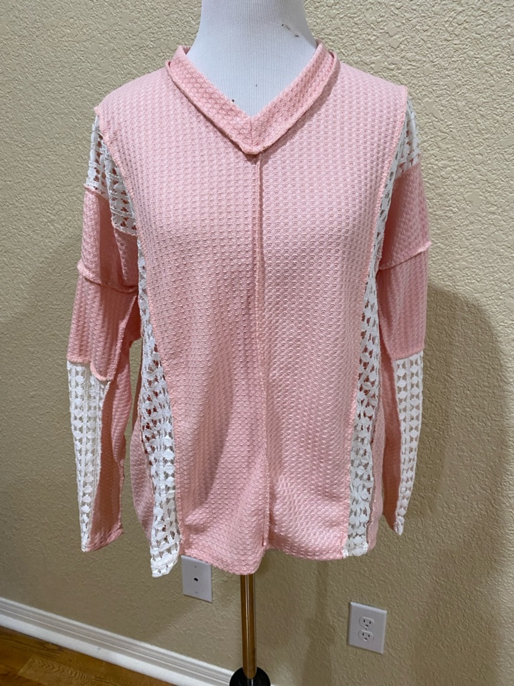 7th Ray Pink Waffle-Knit Top with White Crochet Insets